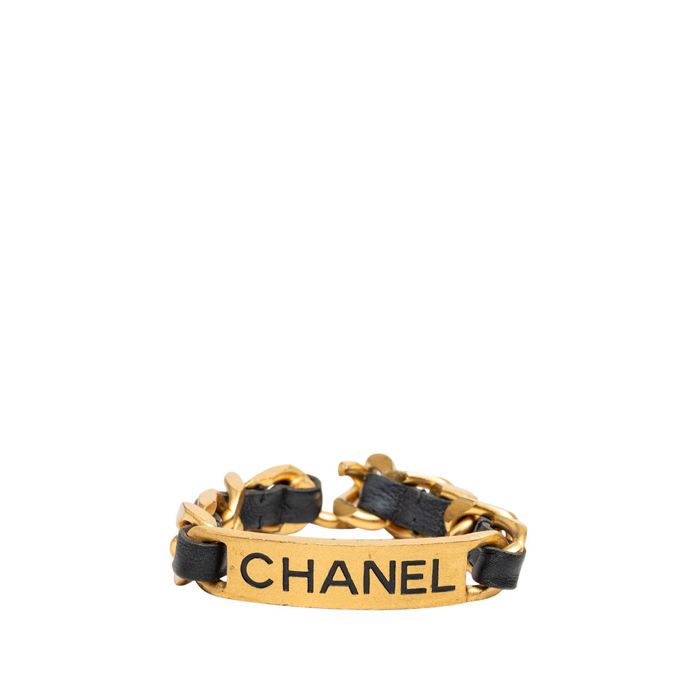 Pre-Loved Chanel Gold Plated and Calfskin Logo Plate Chain Bracelet